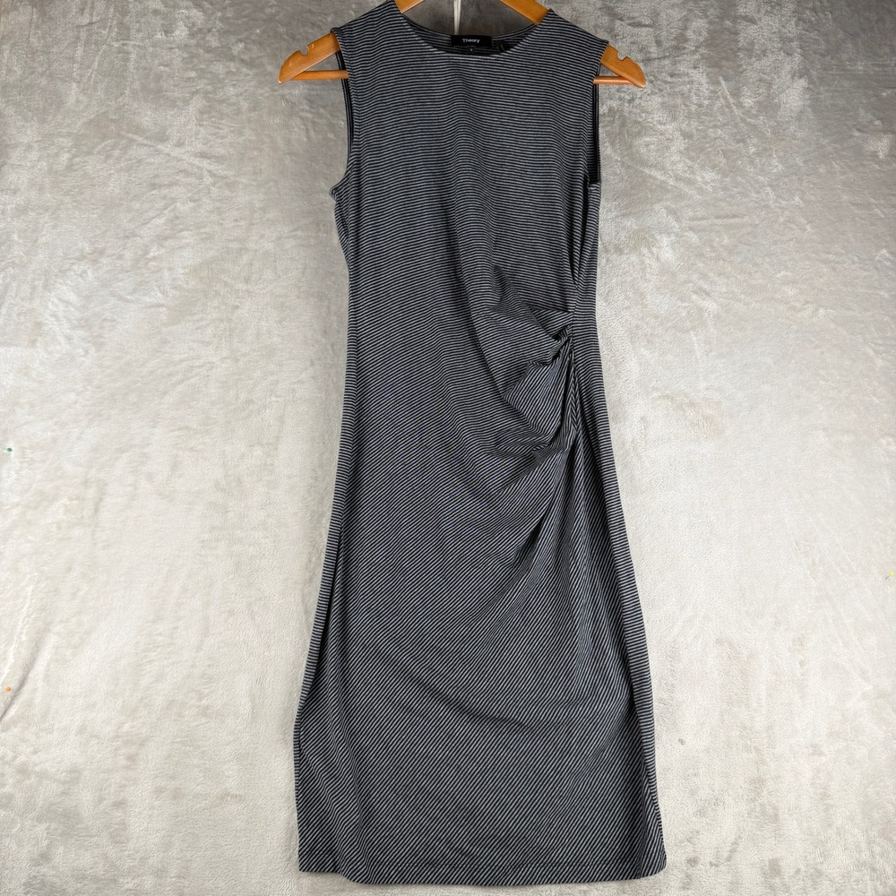 Theory Womens Jorainna SL2 Ruched Side Stripe Pima Cotton Stretch Dress Grey S